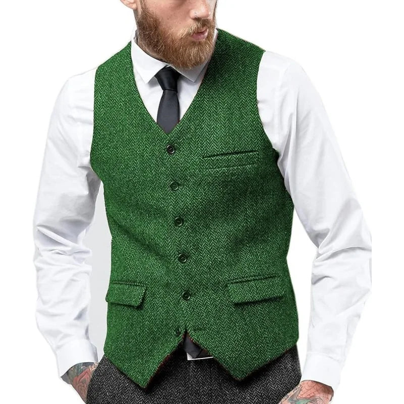 Men's Vintage Herringbone Vest | Slim Fit Wool Tweed Waistcoat for Prom/Wedding (Classic Retro Style)   Herringbone Weave