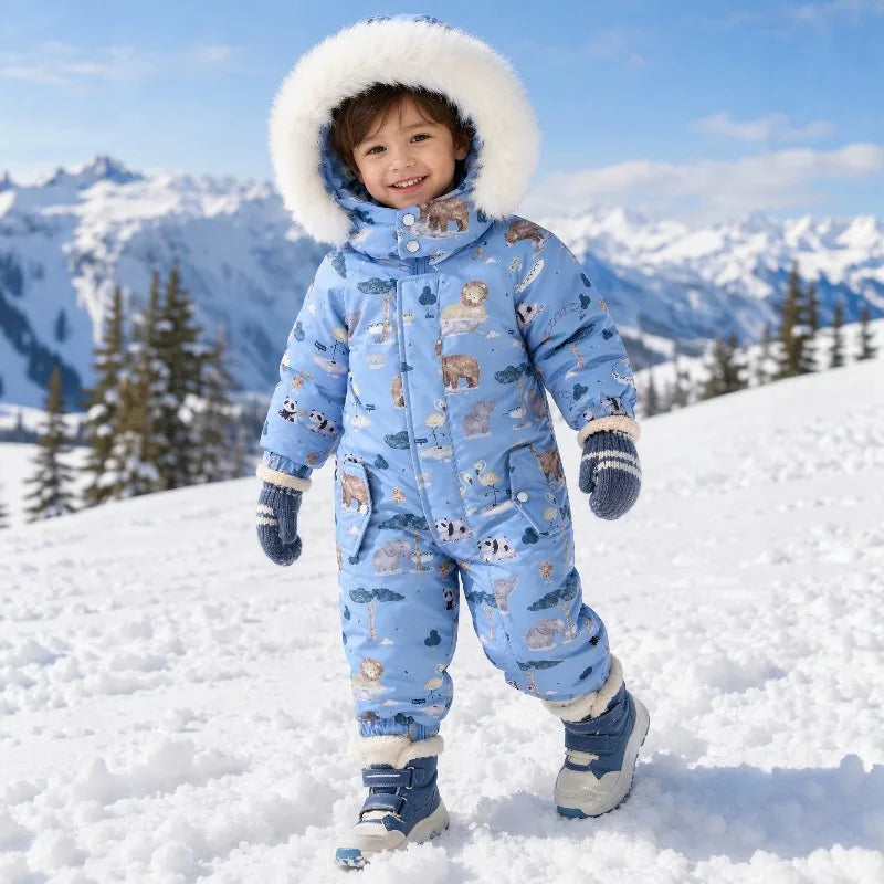 Bellbell Winter 2-6Yrs Girls Snowwear Jumpsuit Faux Fur Hooded Floral Print Kids Baby Girl Romper Thicken Warm Toddler Bodysuit