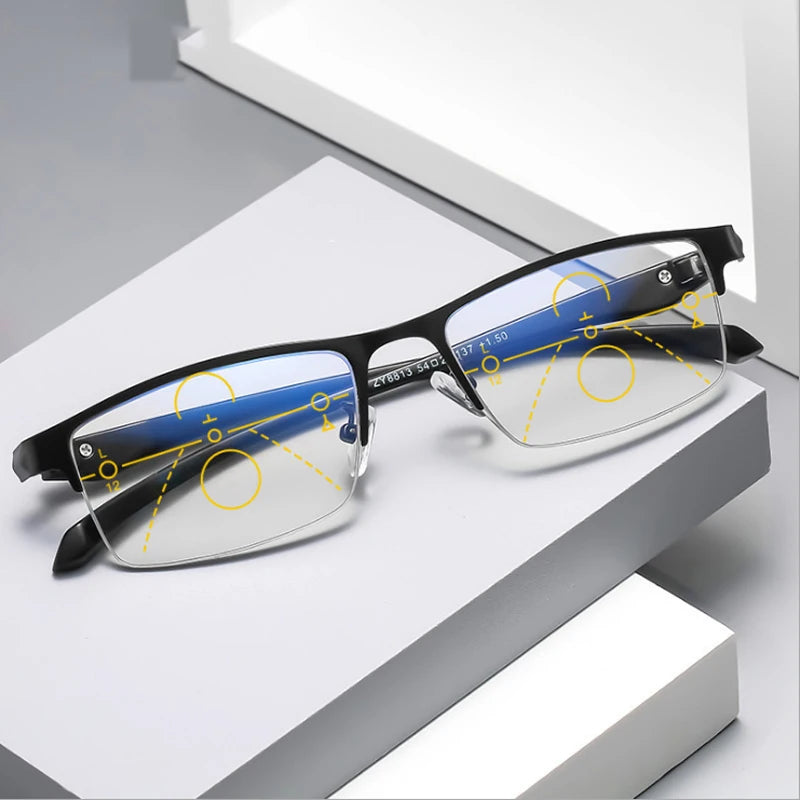 2022 Transition Photochromic Multifocal Reading Glasses Men's Smart Progressive Anti Blue Ray Half-Frame Hyperopia Eyewear +2.5