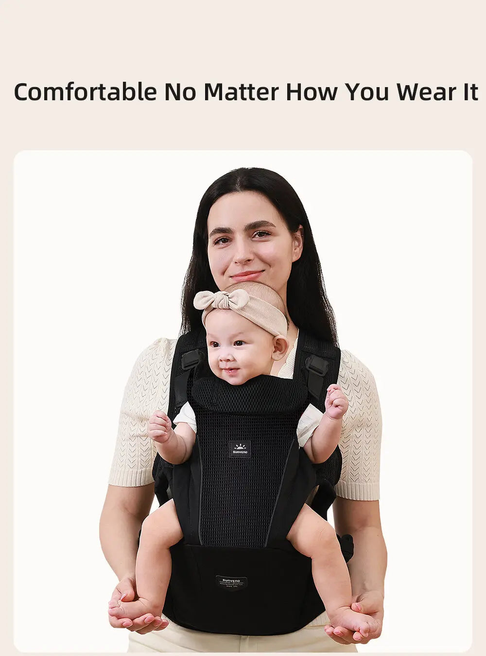 Sunveno Integrated Secure Baby Carrier Effortless Comfortable Baby Carrier Mesh Breathable 4-24months Hands-Free Ergonomic Black