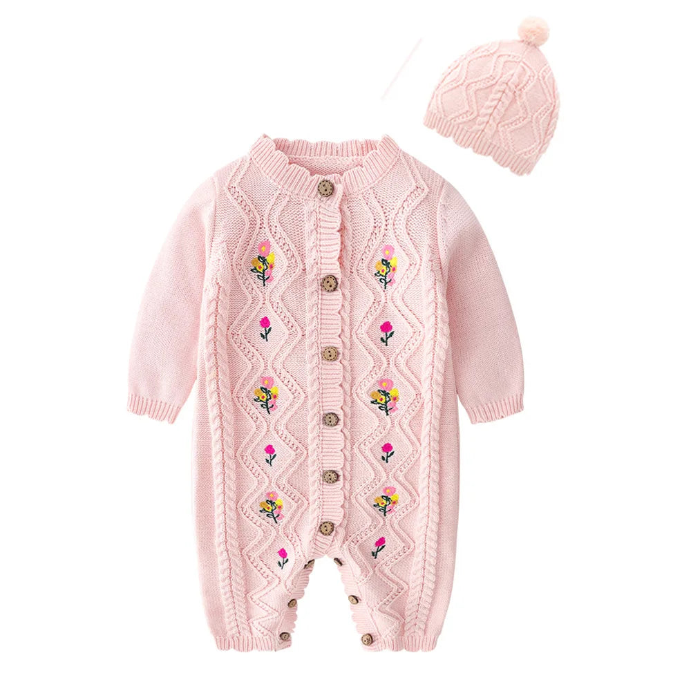 0-24M 100% Cotton Newborn Flower Baby Girl Romper Sweater Winter Clothes Knit Thick Warm Floral Embroidery Jumpsuit Outfit
