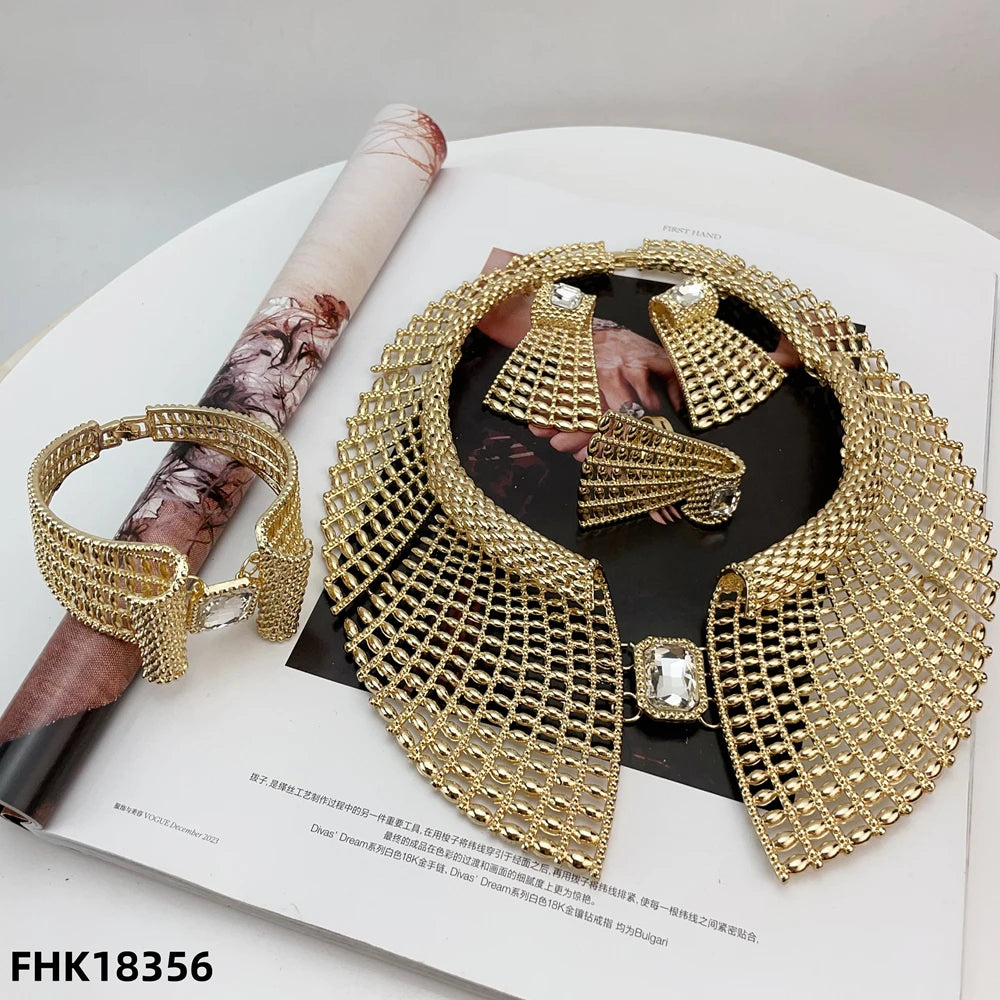 Nigeria Original 18K Gold Plated Jewelry Set Women Big Bold Necklace Earrings Bracelet Ring Wedding Party Accessor FHK18356