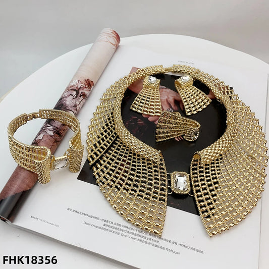 Nigeria Original 18K Gold Plated Jewelry Set Women Big Bold Necklace Earrings Bracelet Ring Wedding Party Accessor FHK18356