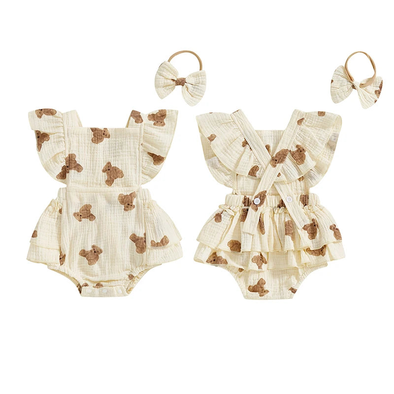 0-18M Newborn Baby Girl Bodysuits Cartoon Bear Pattern Ruffled Flying Sleeve Romper with Bow Headband Set Summer Infant Outfits