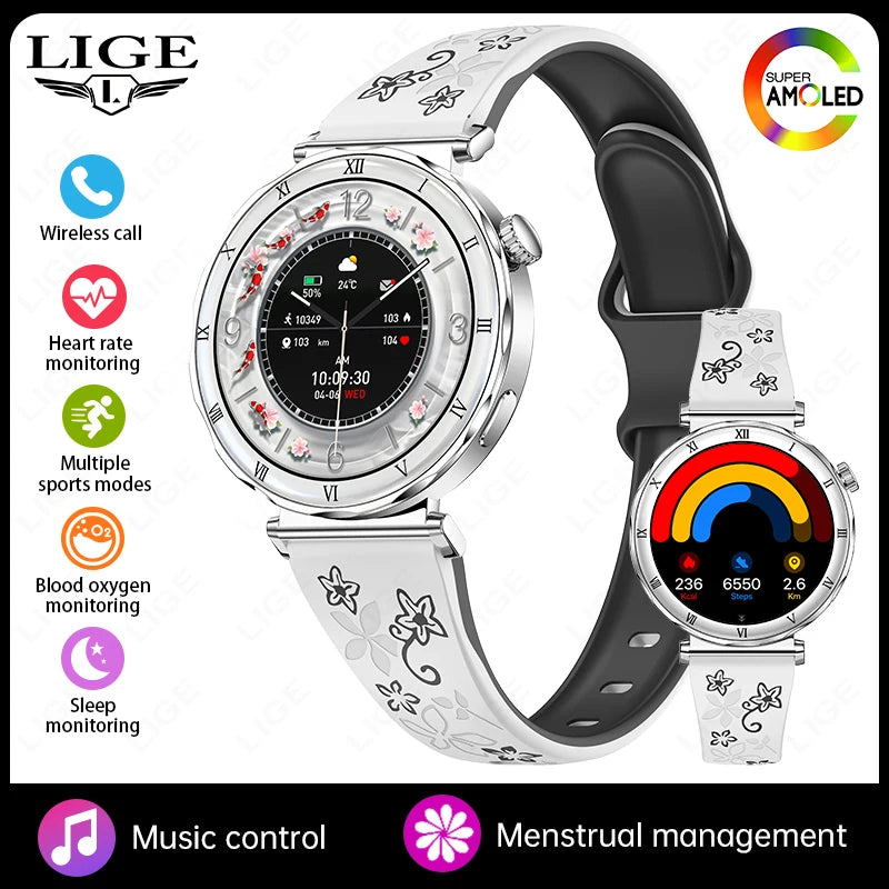 LIGE 1.19"Ultra-Slim AMOLED HD Display Fitness Tracker Smartwatch Bluetooth Call Heart Rate Monitor Waterproof Smart Watch Women