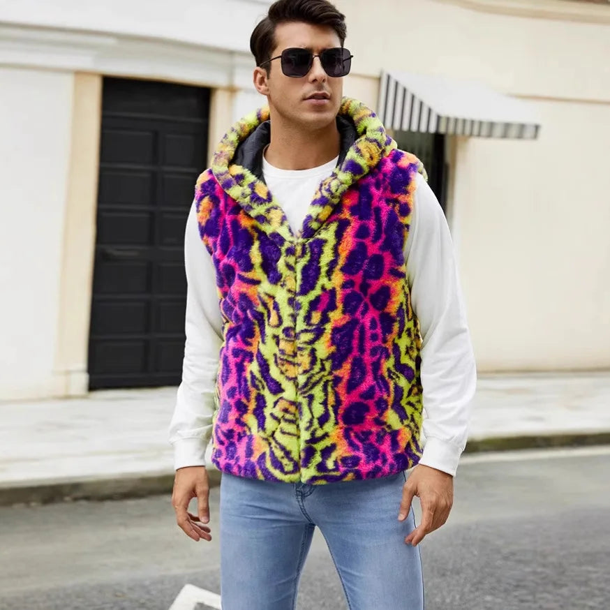 Autumn and Winter New Fashion Mens Warm Vest Imitation Fur Leopard Print Contrasting Plush Vest