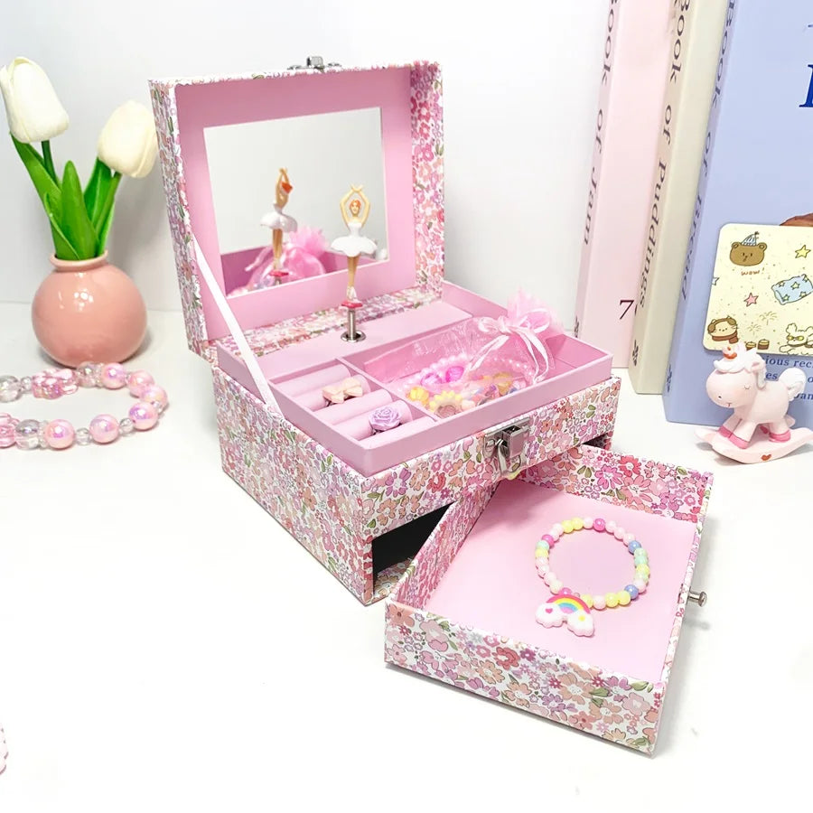 1pc Music Box with Drawer Mirror Rotating Ballet Dancer and pink pony Jewelry Storage for Ring Necklaces Bracelets Birthday Gift