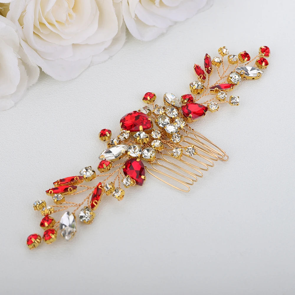 Crystal Flower Bride Hair Accessories Red Wedding Head Jewelry Blue Rhinestone Headdresses Women Hair Comb 9 Colors Headpieces