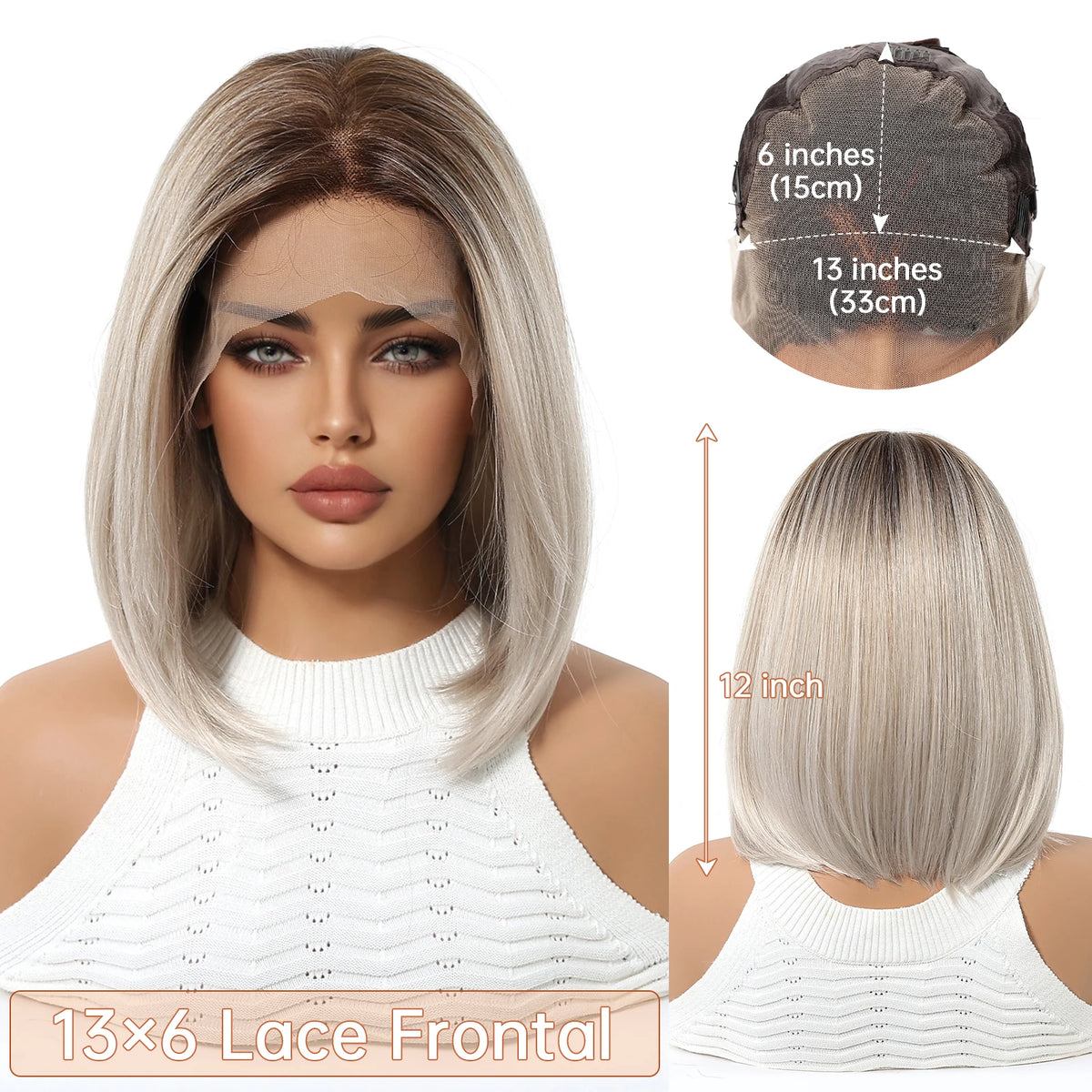 Topshe Short Bob 13x6 HD Lace Front Wig Ombre Blonde Straight Synthetic Wigs Glueless Pre-Plucked Heat Resistant Fiber Daily