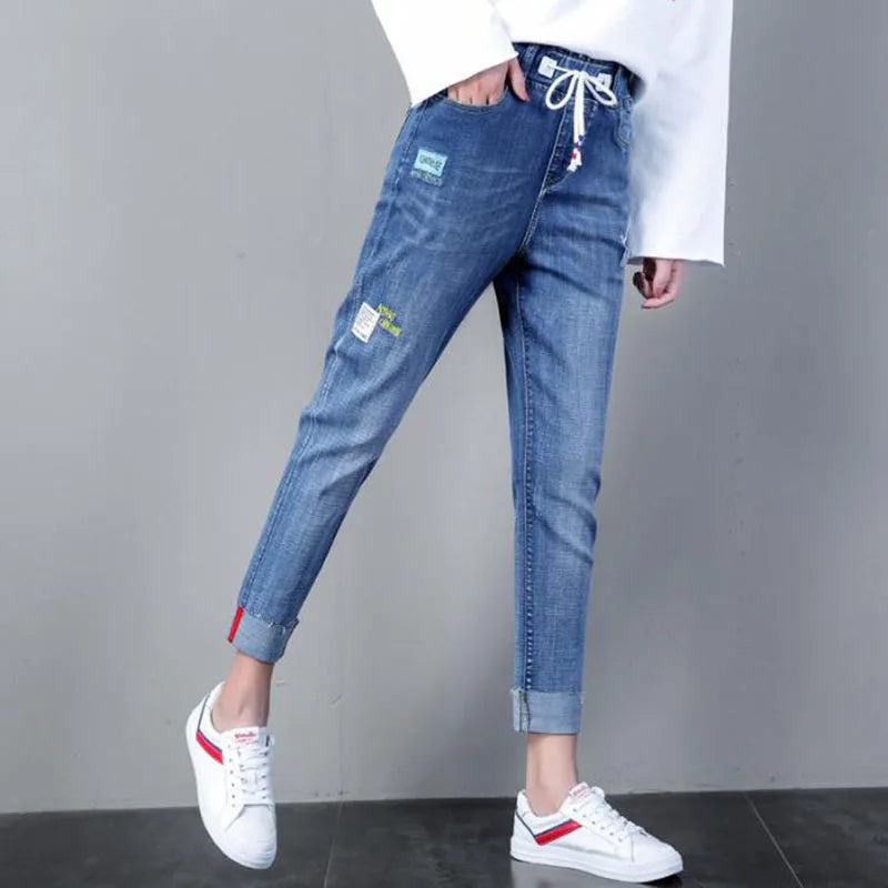 Denim Pants Korean 2024 New Spring And Summer Loose Elastic High Waist Elastic Slim Students Nine Plus Size Harlan Jeans