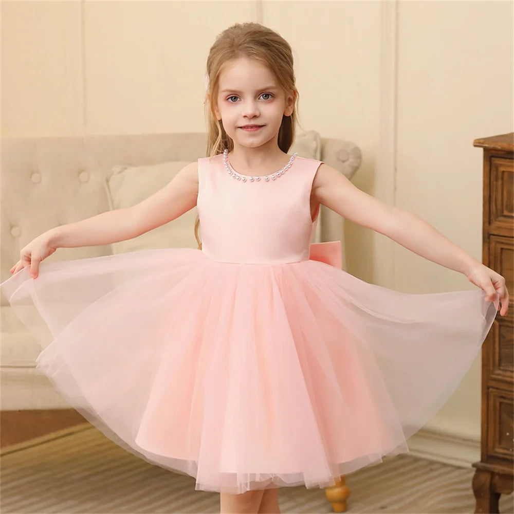 Toddler Girl Flower Birthday Tulle Pearl Dress Backless Bow Wedding Gown Baby Girl Bowknot Dresses Kid Party Wear Princess Dress