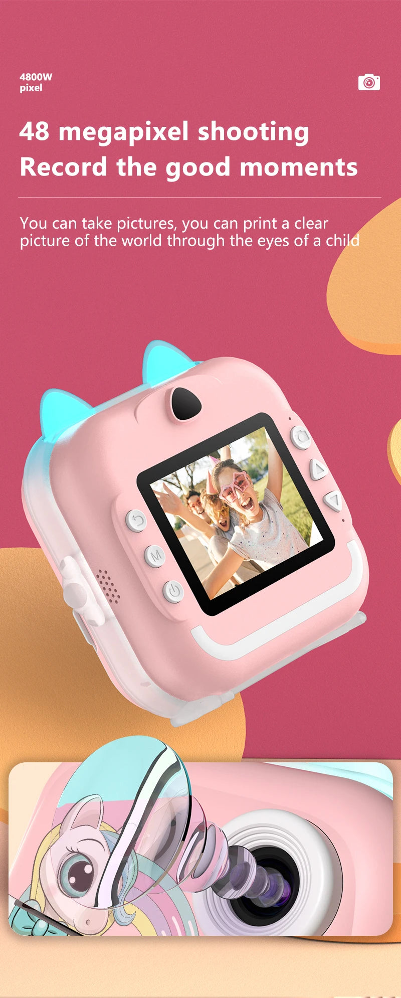Print Camera for Kids Bluetooth Wireless Inkless Instant Print Connected APP Take Photo Video Record Camera Boys Girls Gift Toys