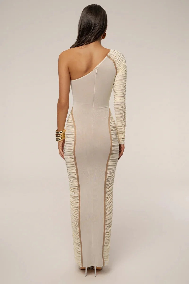 Mozision One Shoulder Backless Sexy Maxi Dress Women Gown Elegant Skew Collar Single Sleeve Ruched Bodycon Club Party Long Dress