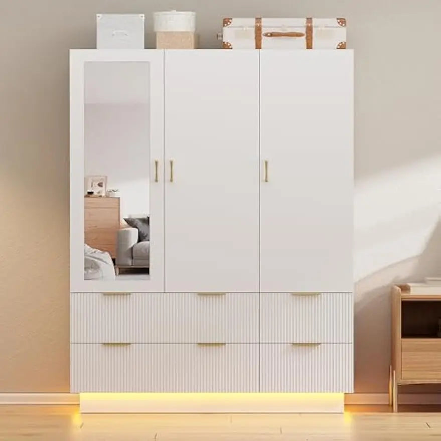 Armoire Wardrobe Closet with 3 Door, Bedroom Armoires with Mirror and LED Lights, Hanging Rod, Drawers