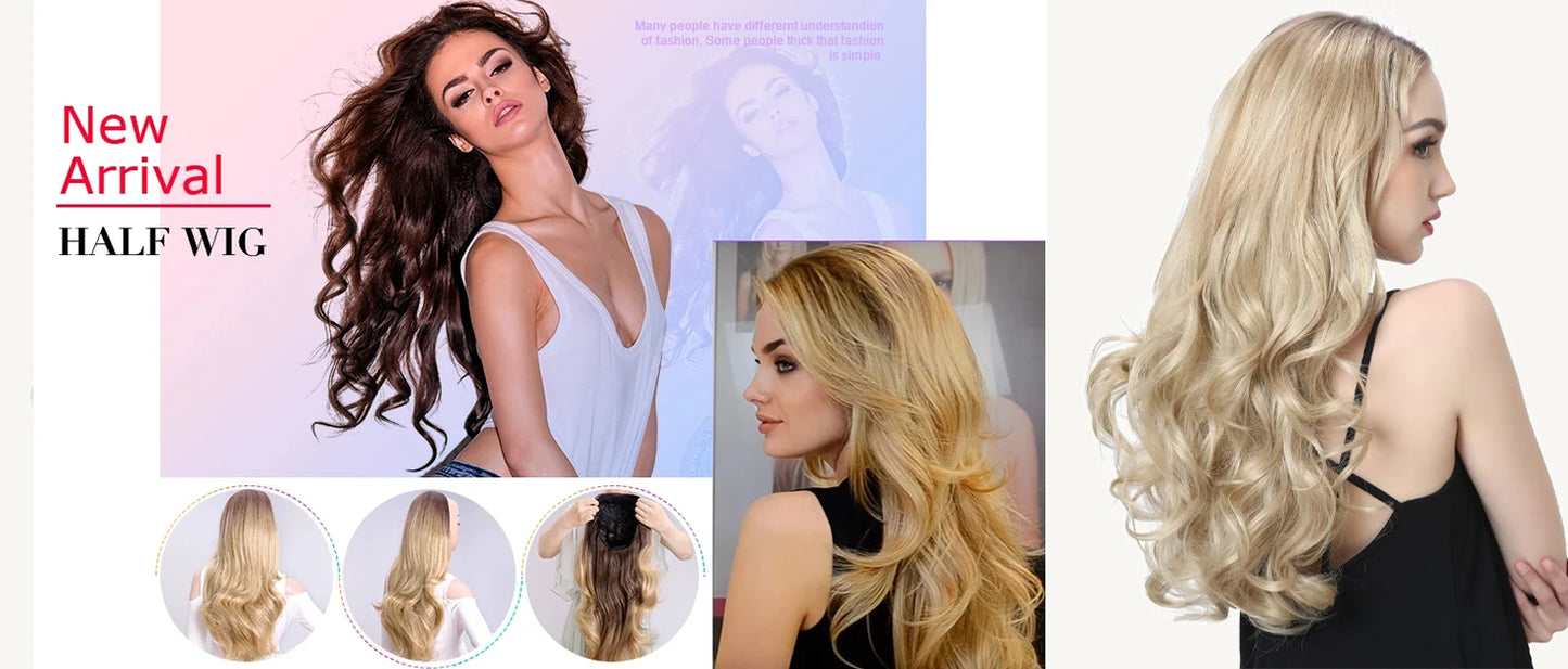 24 Inch Long Wavy Head Tied  3/4 Half Wigs With Clips In, Synthetic Fibers Hair Extension Wigs For Women