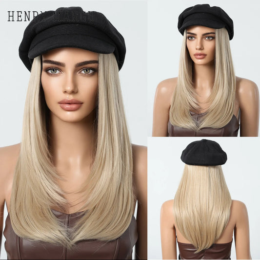 Hat Wig Blonde Hair Extension with Cap Synthetic Hair Layered Straight Wig for Women Daily Natural Heat Resistant Easy to Use