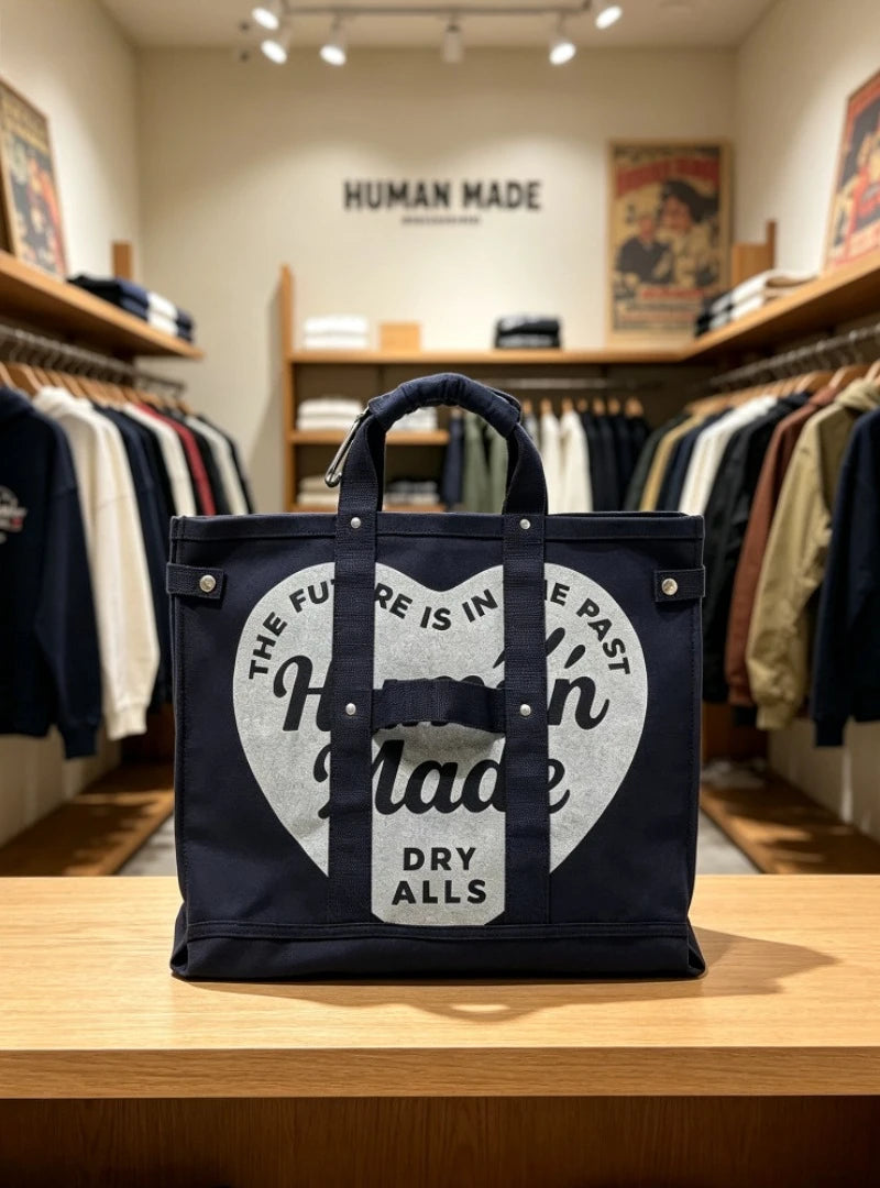 HUMAN MADE Canvas Tote Large Heart Print Heavy Duty Cotton Shoulder Bag Casual