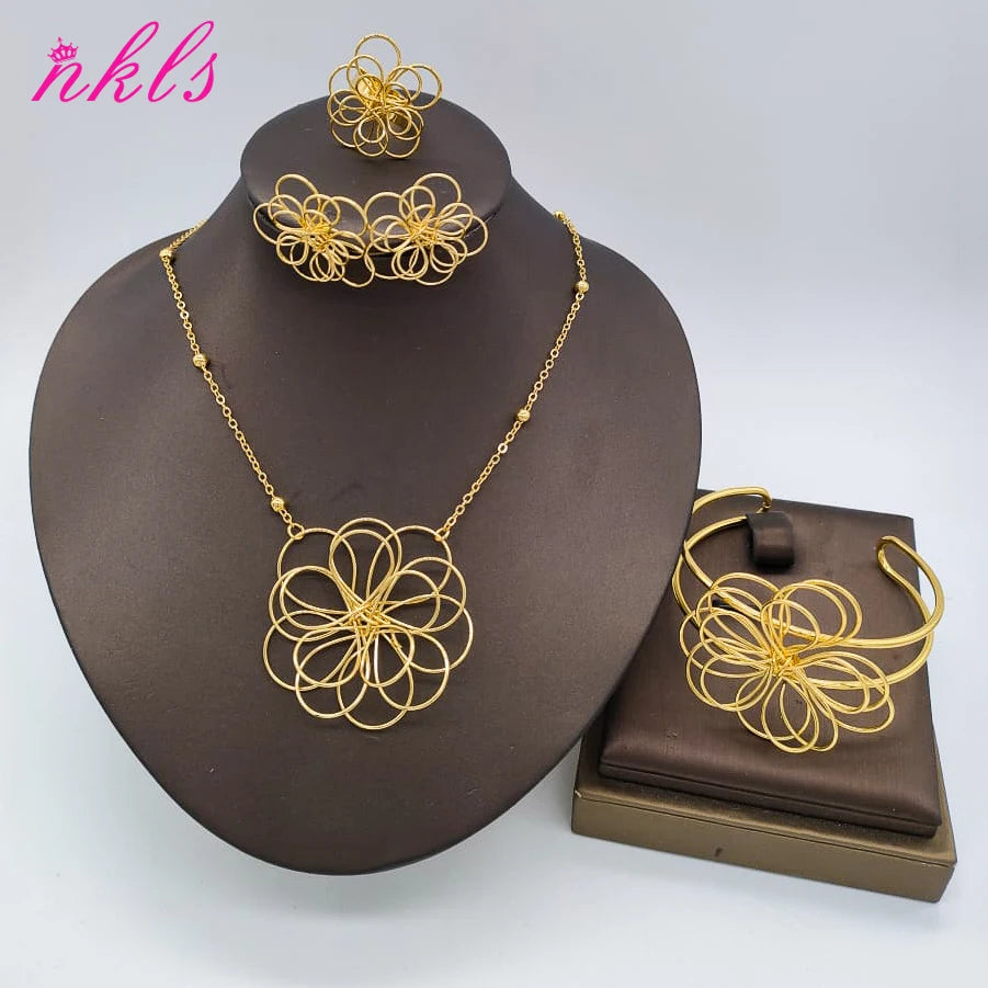 Gold Plated Flower Jewelry Set Women Gold Color Wedding Luxury Wedding Bangle Ring Necklace Earring  Dubai African Party Gift