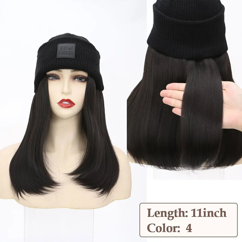 Hat Wig Knitted Beanie Wig Hat Hair Extension Straight Wig Hat Attached 11 Inch Synthetic Hairpiece for Women Girls Winter