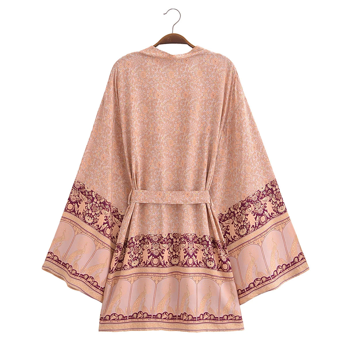 BOHO Women Blue With Pink Flower Print Kimono Shirt Holiday Tide Bow Sashes Mid Long Cardigan Summer Blouse Beach Cape