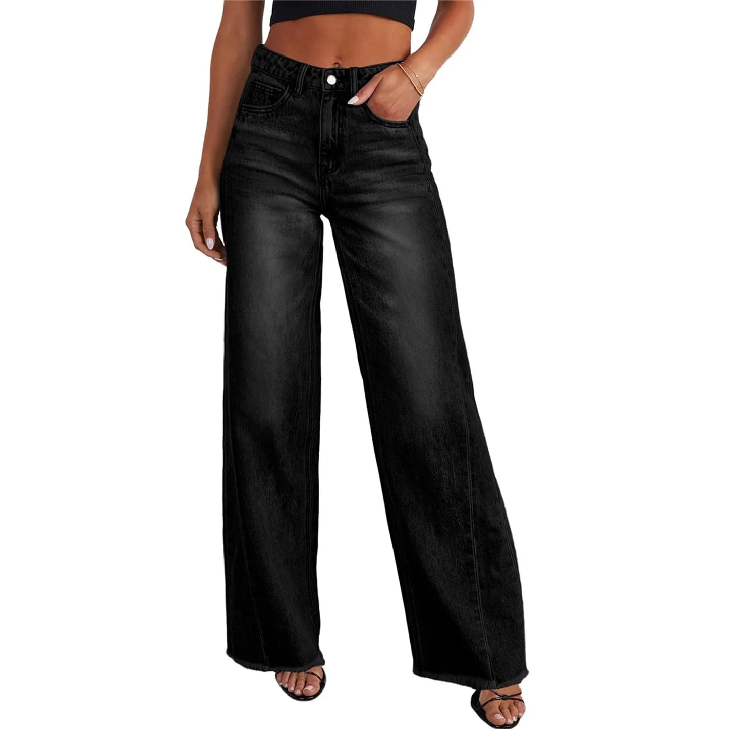 Wide-Leg Jeans Women Light Blue Raw-Edge High-Waist Design Fashionable Trousers Loose-Fitting Slim-Fitting Pants Daily Commuting