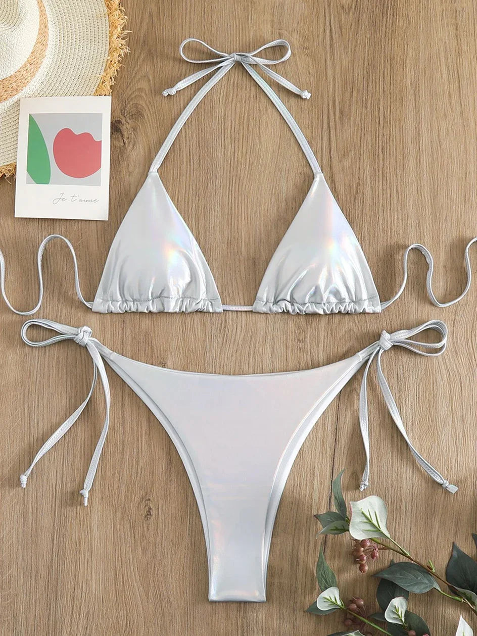 Sexy Metallic Halter Bikinis Sets Lace Up Triangle Tie Side Bikini 2026 Swimsuit Women Swimwear Brazilian Female Bathing Suits