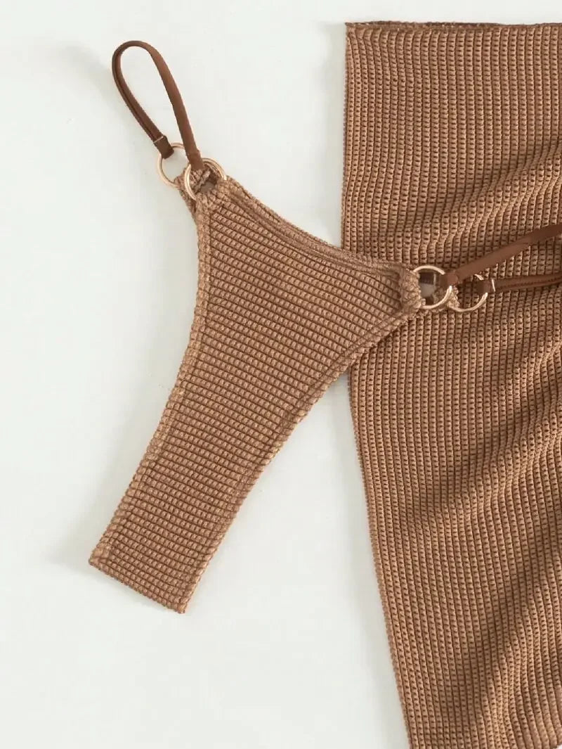Sexy Brown Bikini Set 2026 Women Halter Push Up Bra Skirt 3 Piece Swimsuit Summer Bathing Suit Cover Up Thong Swimwear Biquini