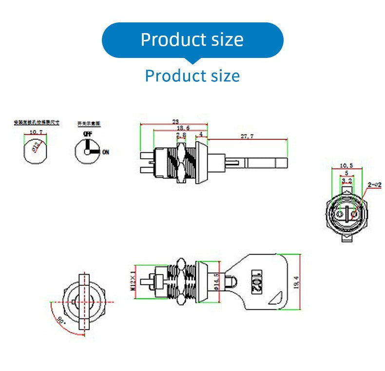 12mm Switch Key with Wire Power Lock Elevator Base Station Lock off/on Telephone Lock Switch Single Dial/Double Dial