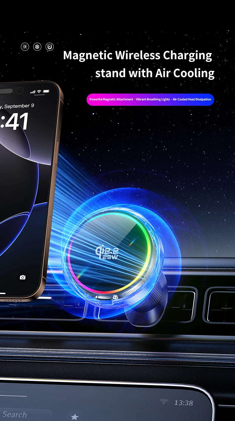 25W Air Cooling qi2.2 Car Magnetic Wireless Charger RGB Light  Phone Holder For Magsafe iPhone 17 16 15 14 13 12 Fast Charging