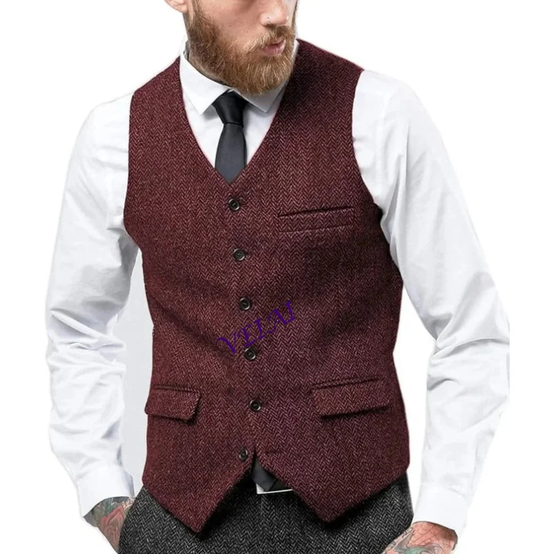CustomizedMen's Vintage Herringbone Vest | Slim Fit Wool Tweed Waistcoat for Prom/Wedding (Classic Retro Style) Herringbone Weav