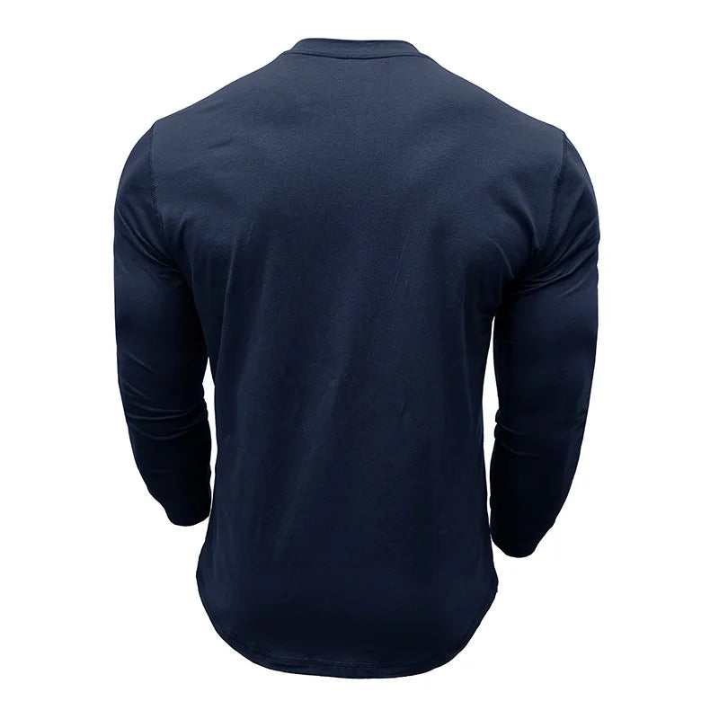 SHiONFA Spring Men's Long Sleeved T-shirt Casual Soft Cotton Base Shirt Placket Front Button Solid Color Pullover