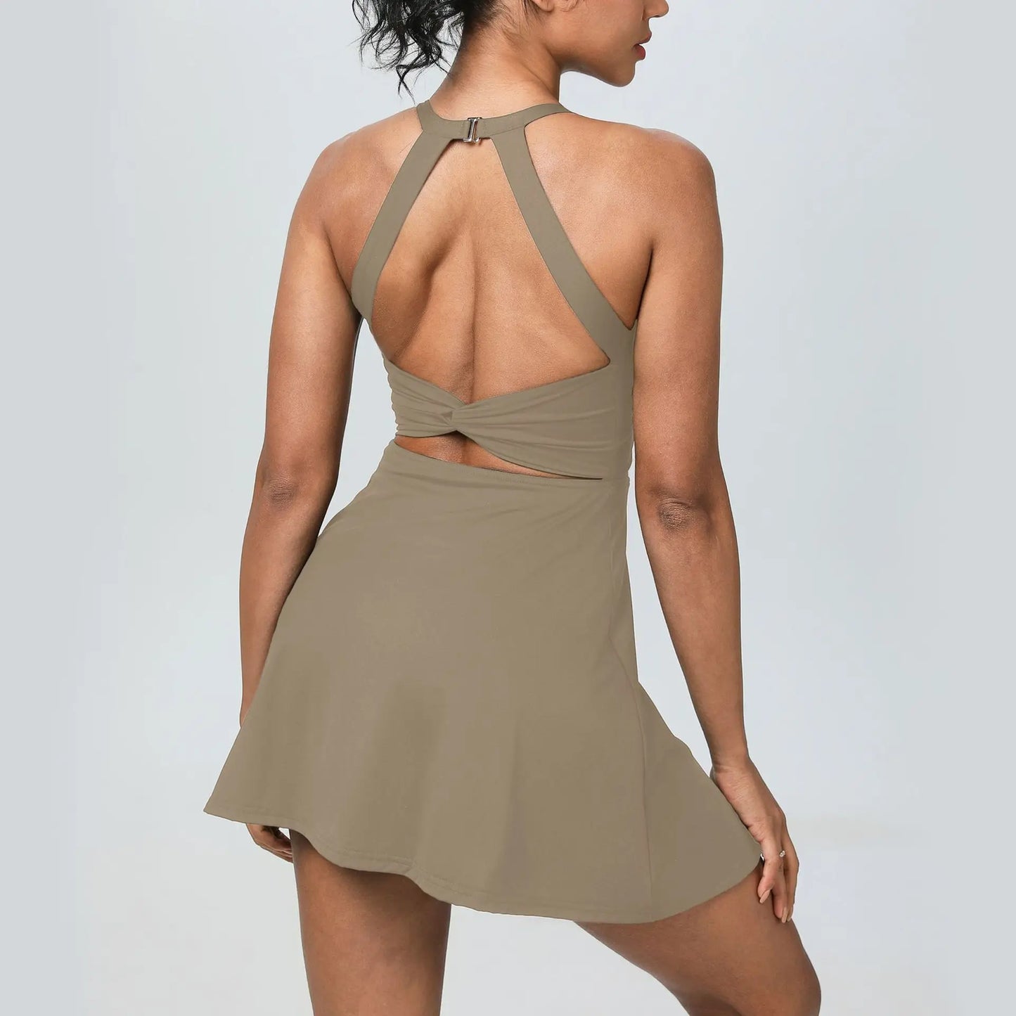 Summer Women Sexy Backless Tennis Dress Sleeveless A-lined Athletic Dress Built-in Bra & Shorts Ladies Elastic Workout Skirts