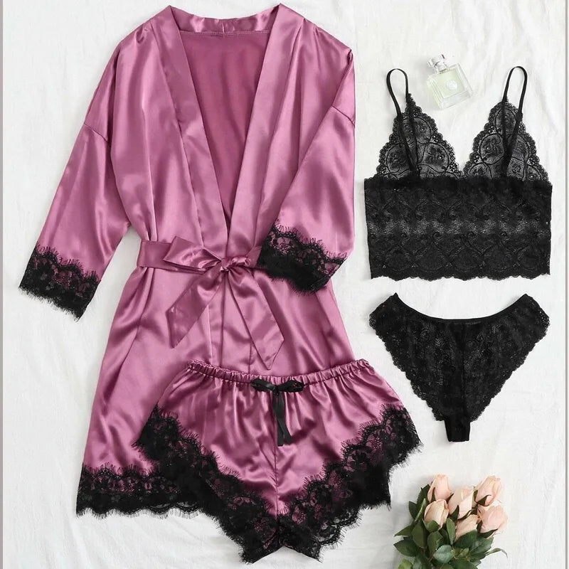 Women' Silk Satin Pajamas Set 4pcs Lingerie Lace Sleepwear With Robe Nightgown Long Sexy night-robe V-neck Nightdress Suit