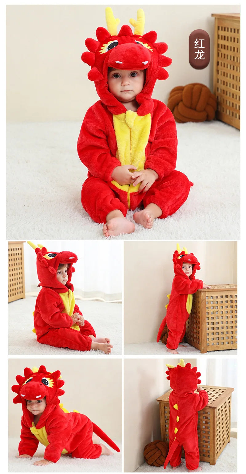 Baby Kigurumi Dragon Cow Monkey Animal Cosplay Costume Baby Girl Pajamas Winter Plush Jumpsuit for Toddler Boys 1 to 2 3 4 Years