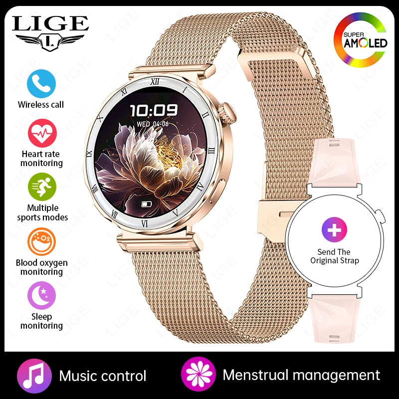 LIGE 1.19"Ultra-Slim AMOLED HD Display Fitness Tracker Smartwatch Bluetooth Call Heart Rate Monitor Waterproof Smart Watch Women