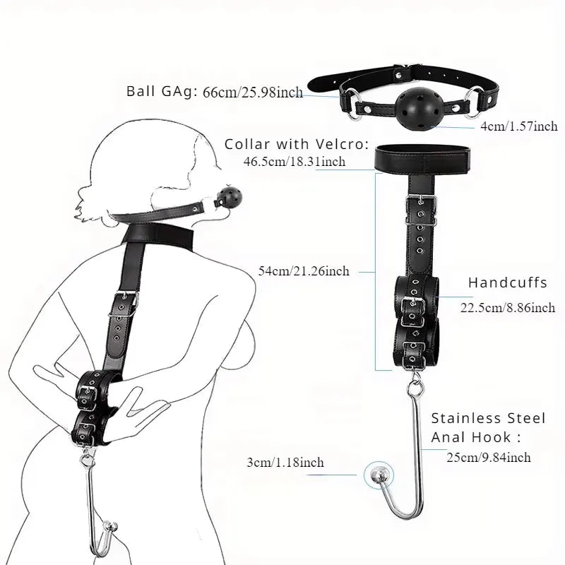 BDSM Bondage Kit Anal Hook, Neck to Wrist Behind Back Handcuffs Collar with Anal Trainer & Ball Gag, Bed Restraints SM Games Too