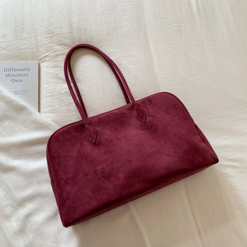 Vintage Women Business Shoulder Bags Simple Ladies Commute Tote Bag Suede Leather Female Underarm Bag Burgundy Large Handbags