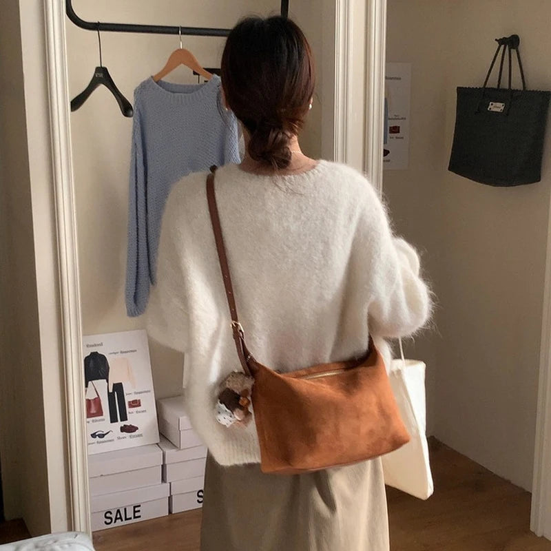 Women Handbag Vintage Tote Bag Simple Casual Commuter Bag Large Capacity Faux Suede Handbag