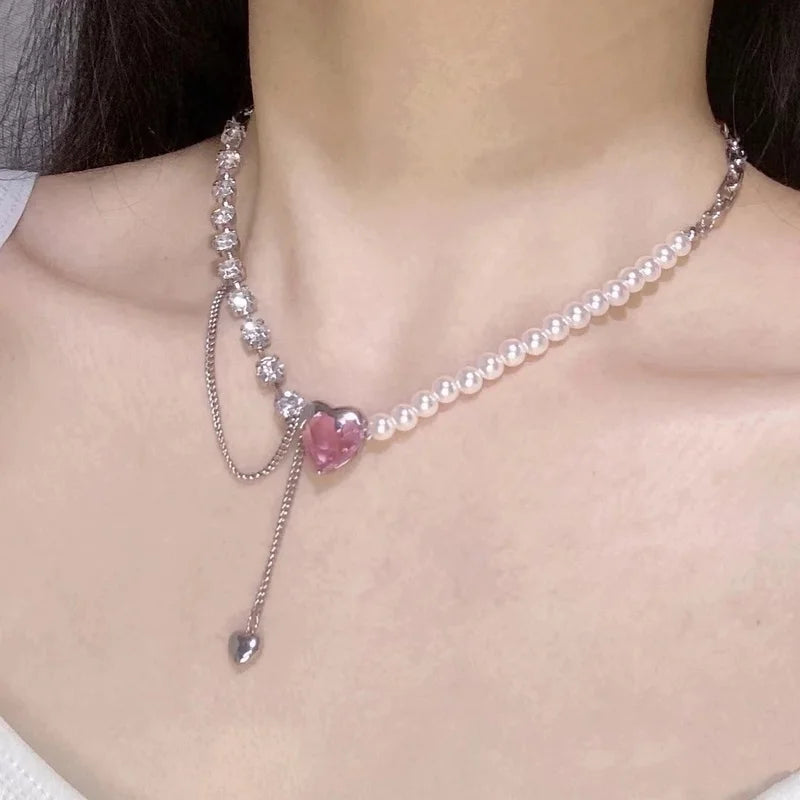 New Ins Heart Shape Pearl Necklace Women Vintage Korean Crystal Love Beads Pendant Choker Wedding Party Fashion Jewelry Gifts