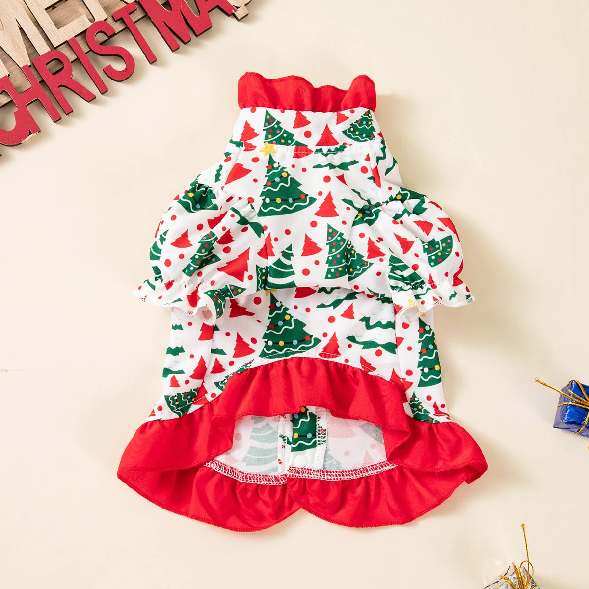 Pet Christmas Dress Xmas Tree Printed Ruffle Skirt Puppy Holiday Outfit Cute Pet Party Costume for Small Medium Dogs Cats Teddy