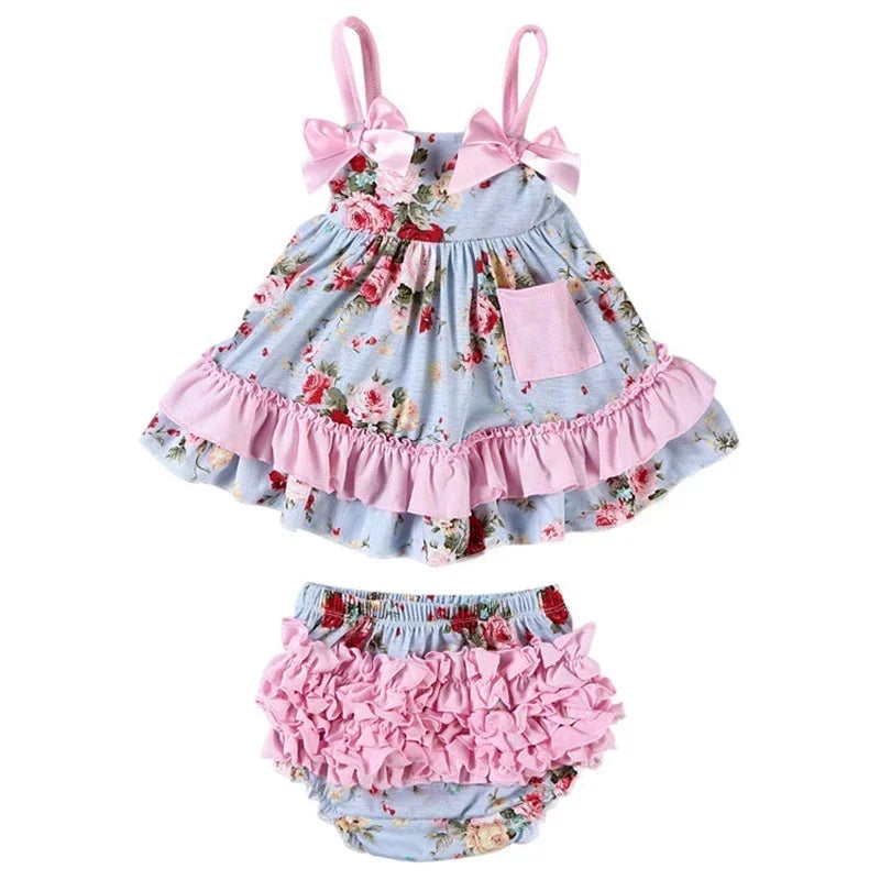 2025 New Born Baby Girl Clothes Baby Suit Overall Floral Clothes Set 3-24m Cotton Sleeveless Toddler Infant Ruffle Tops + Shorts