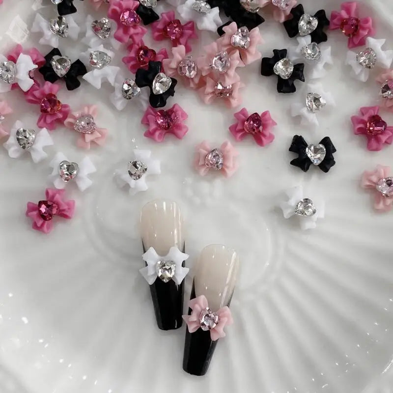10pcs Resin Bow Nail Art Decoration With Heart Crystal Rhinestones Pearls Accessories For Nails Art Decoration Supplies