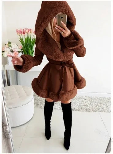 Warm Solid Color Lace-up Belt Fur Splicing New Women's Long-sleeved Ruffle Edge Hooded Jacket Parka