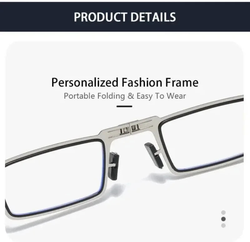 Unisex Folding Reading Glasses Transparent Lenses Full Metal Frame Anti Blue Light Comes with Case for Men and Women