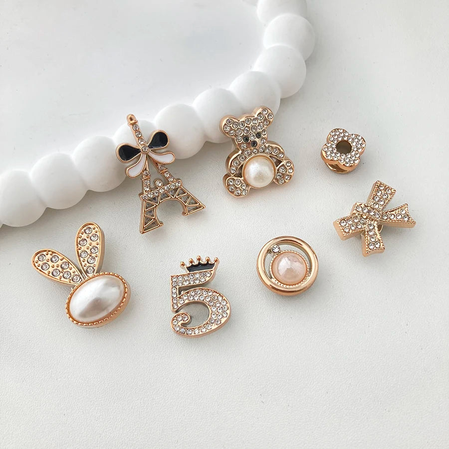 14pcs Sparkling Golden Faux Pearl Shoe Charms Pins Set DIY Detachable Shoe Decoration Suitable For CROCS Clogs Party Gift Idea