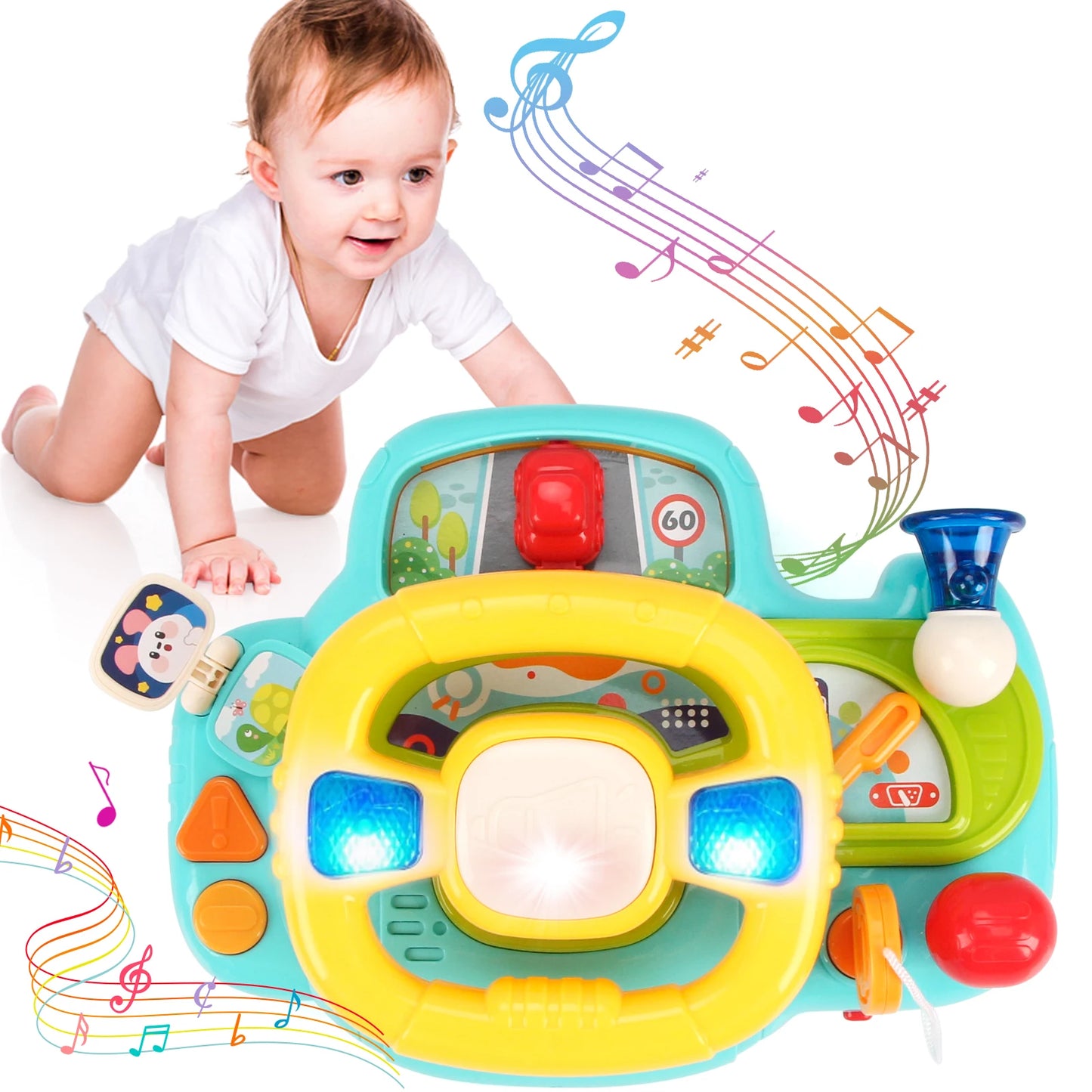 Baby Electric Steering Wheel for Car Seats and Stroller Simulate Driving Vocal Toys for 0-36 Months Toddlers Educational Toys