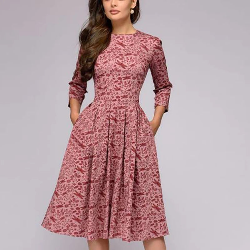 2023 Spring AutumnOffice Lady Knee Length Elegant Vintage Long Sleeve Party Dresses Women Floral Printed Dress New