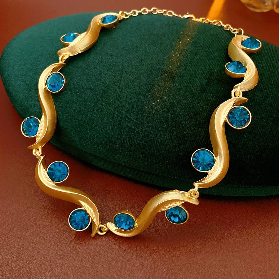 1/2 Pcs Unique Round Wave Long Earrings Blue Rhinestone Adjustable Chain Necklace Bohemian Women Fashion Jewelry Set Vacation N