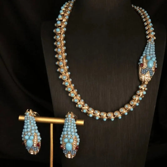 KEQIU Recycled aged gold snake-shaped necklace stud earring ancient-style , turquoise inlaid heavy industry jewelry