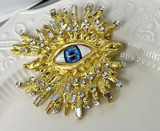 Exaggerated Sparkling Crystal Eye Earrings Retro Luxury Open Ring Brooch Earring Set